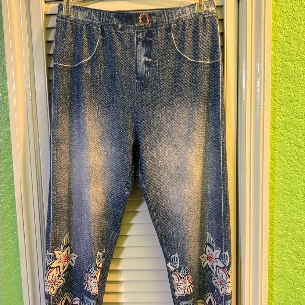 Floral Embroidered Denim Leggings